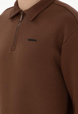 Erkek Comfort Fit Yarım Fermuarlı Kahverengi Basic Sweatshirt - 50298265059
