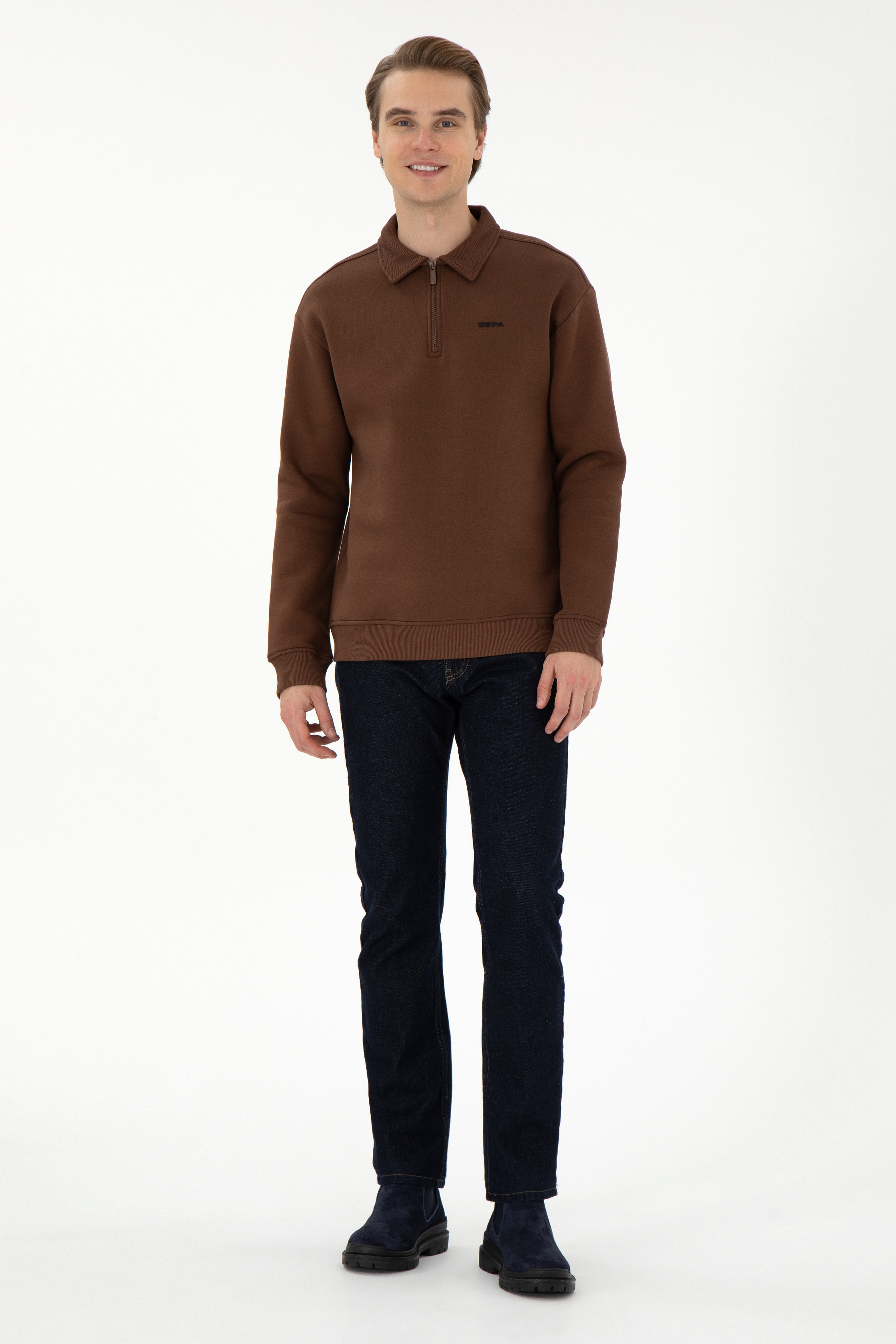 Erkek Comfort Fit Yarım Fermuarlı Kahverengi Basic Sweatshirt - Image 4