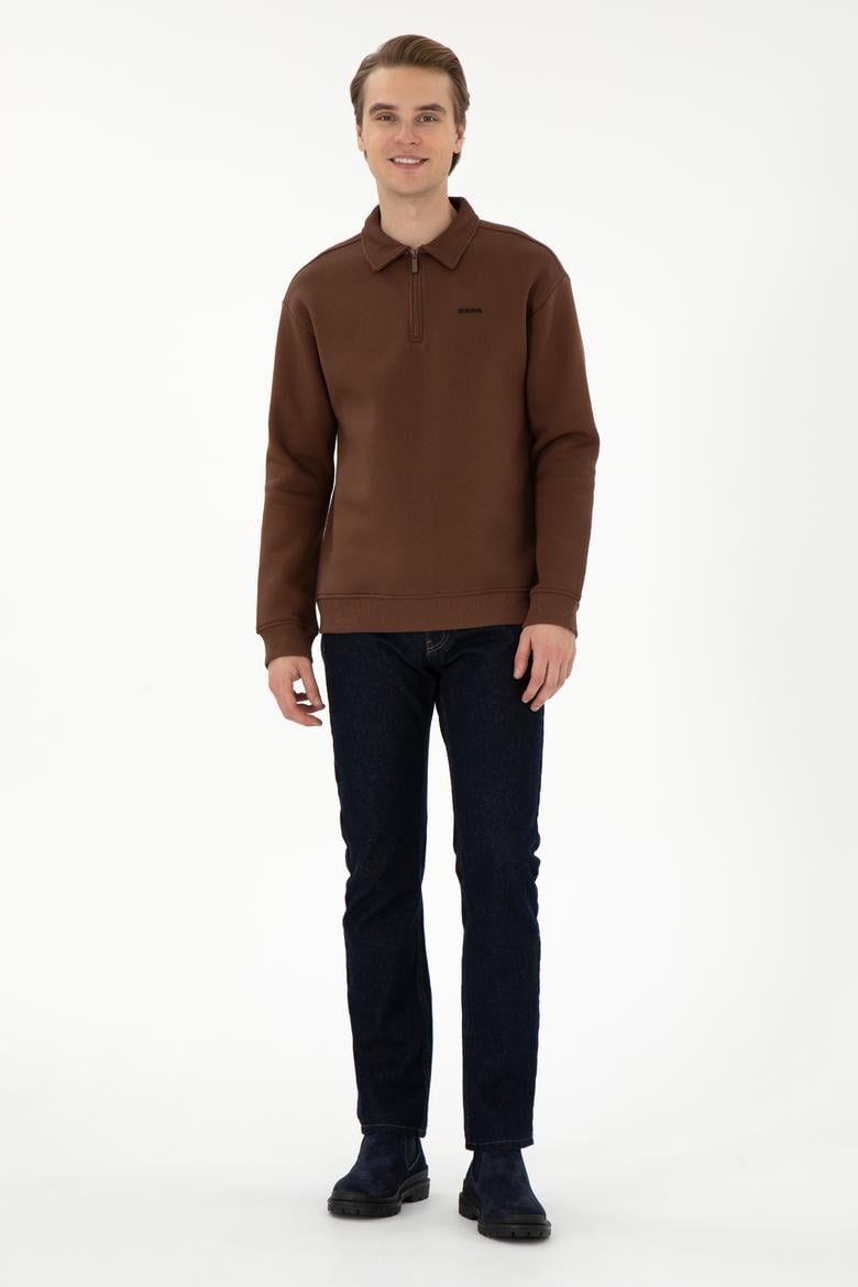 Erkek Comfort Fit Yarım Fermuarlı Kahverengi Basic Sweatshirt - 50298265059