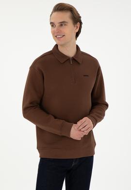 Erkek Comfort Fit Yarım Fermuarlı Kahverengi Basic Sweatshirt - 50298265059