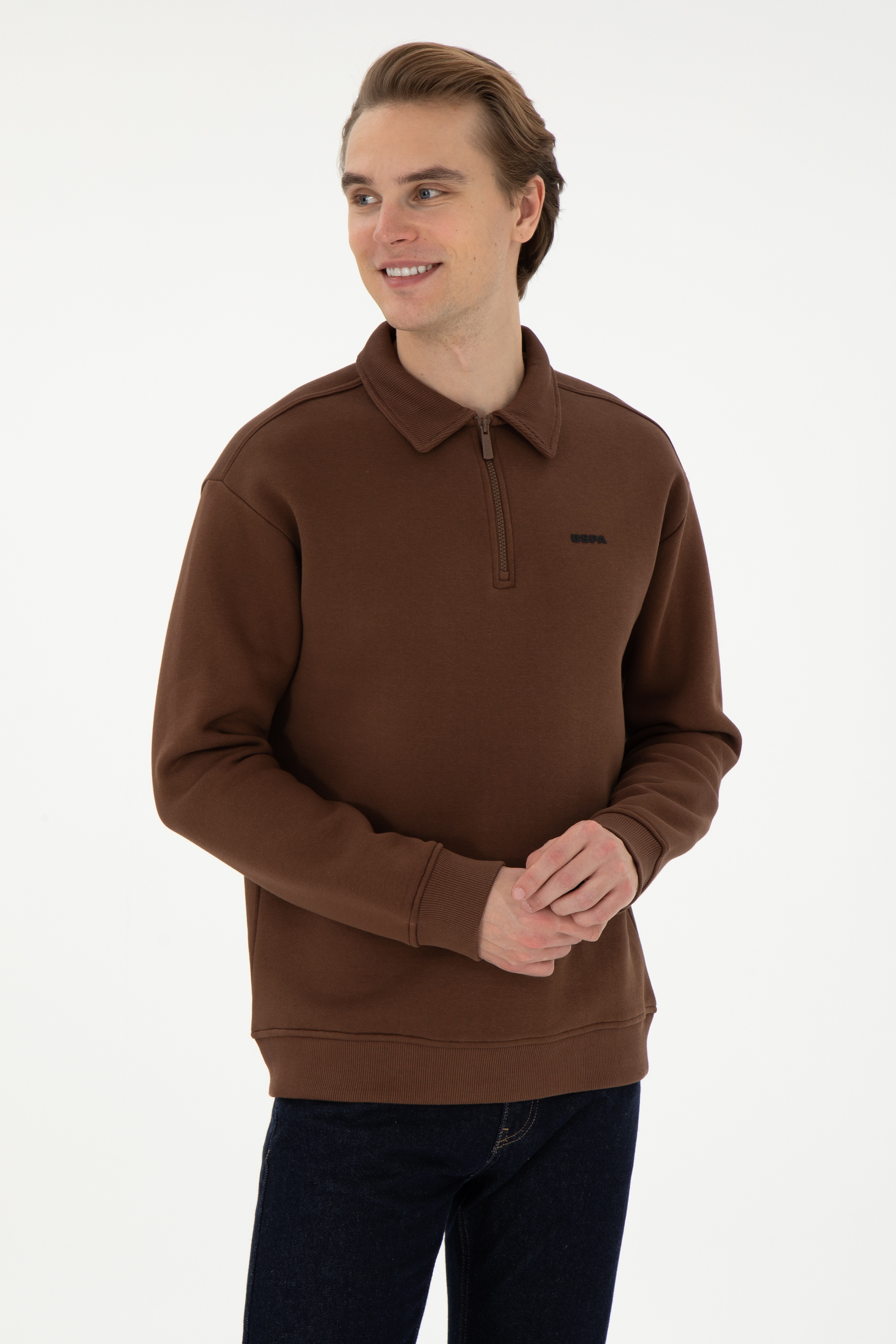 Erkek Comfort Fit Yarım Fermuarlı Kahverengi Basic Sweatshirt - Image 1