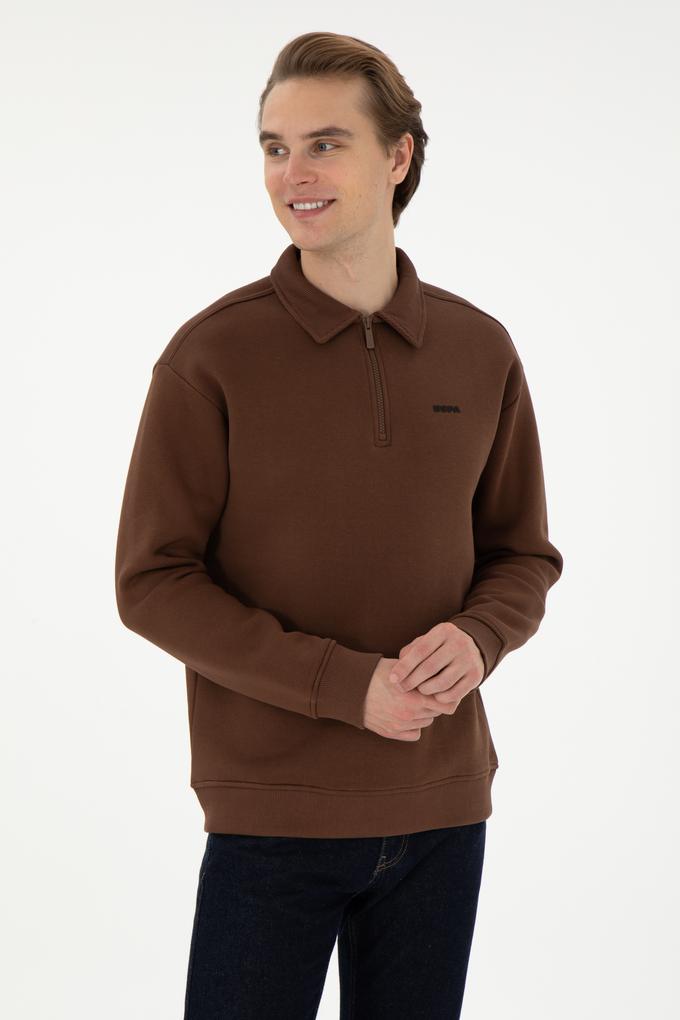 Erkek Comfort Fit Yarım Fermuarlı Kahverengi Basic Sweatshirt