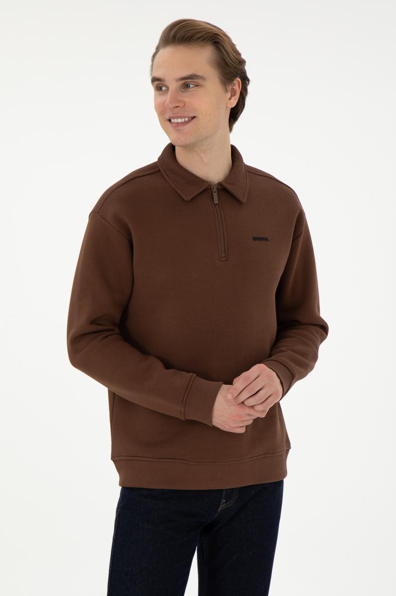 Erkek Comfort Fit Yarım Fermuarlı Kahverengi Basic Sweatshirt