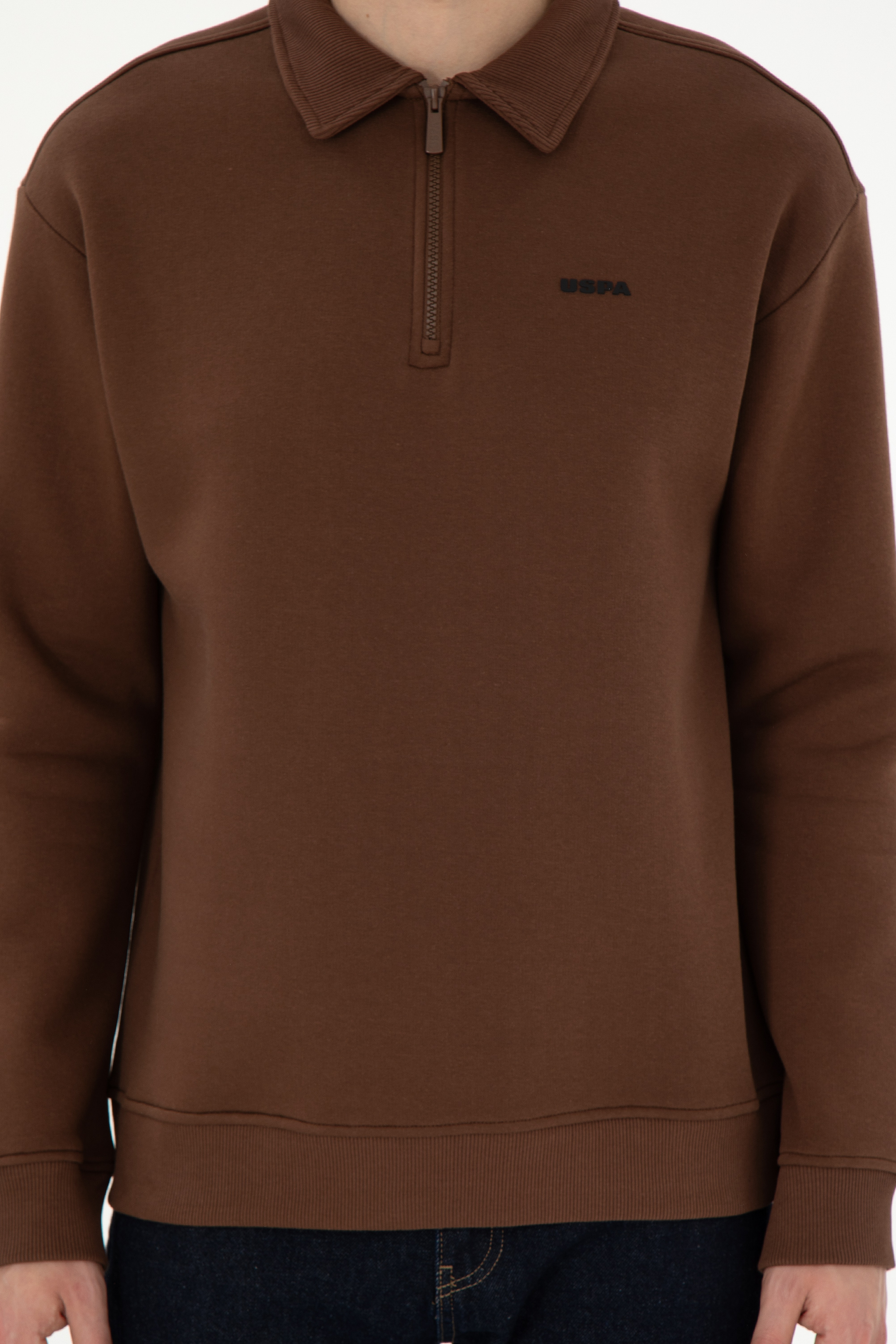 Erkek Comfort Fit Yarım Fermuarlı Kahverengi Basic Sweatshirt - Image 6