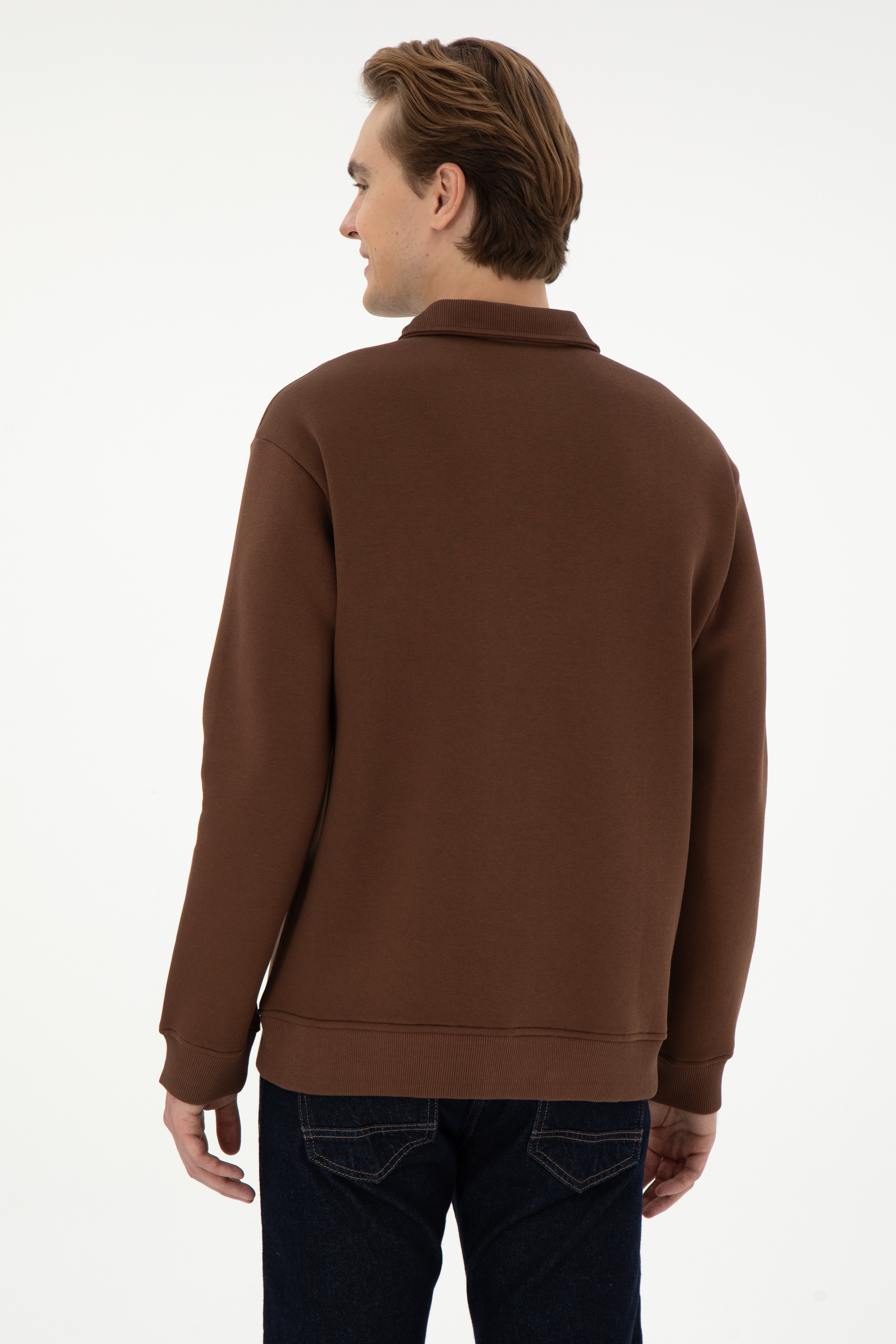 Erkek Comfort Fit Yarım Fermuarlı Kahverengi Basic Sweatshirt - Image 5