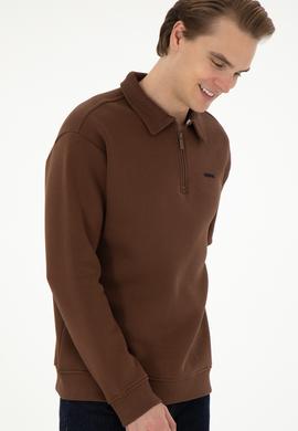 Erkek Comfort Fit Yarım Fermuarlı Kahverengi Basic Sweatshirt - 50298265059