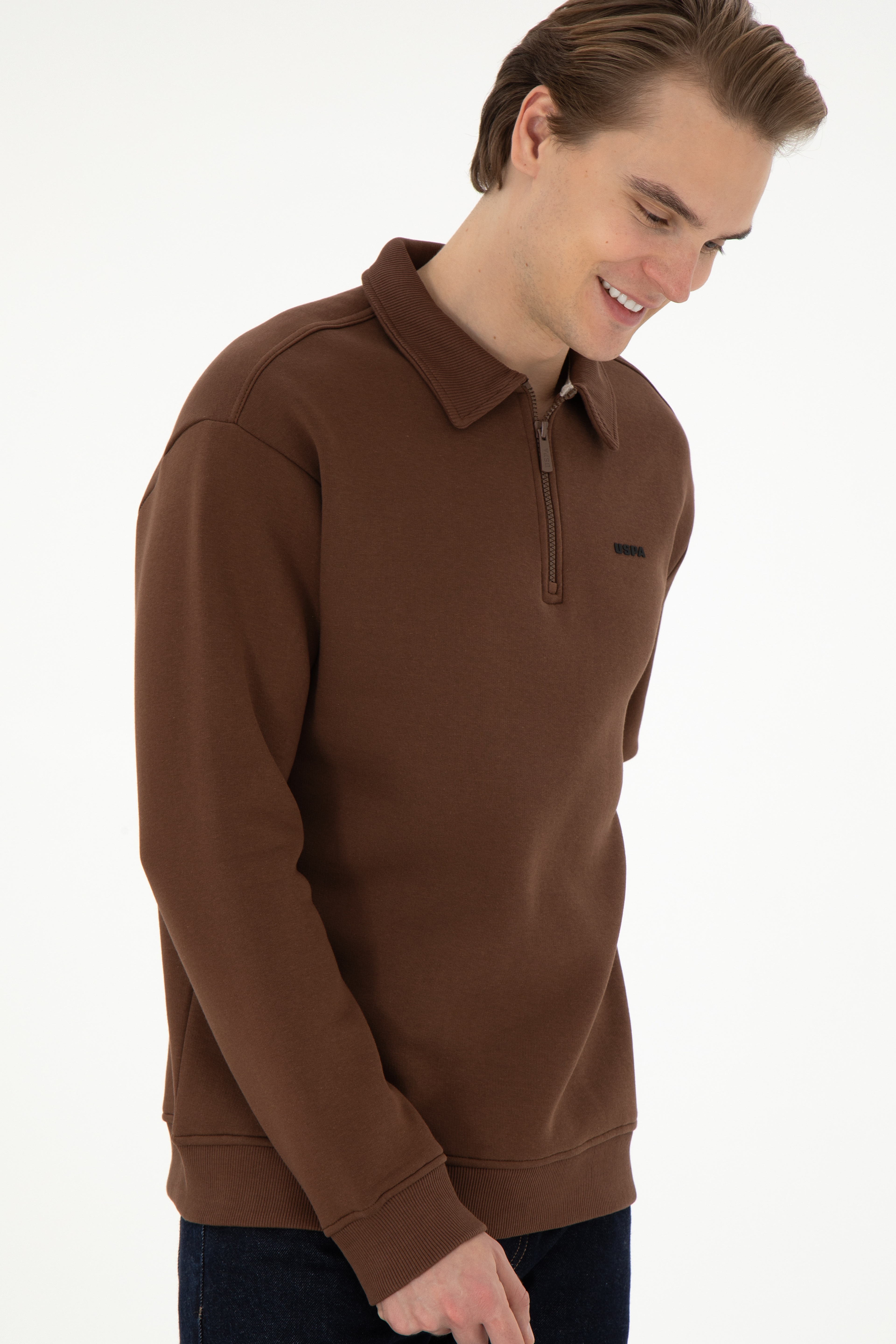 Erkek Comfort Fit Yarım Fermuarlı Kahverengi Basic Sweatshirt