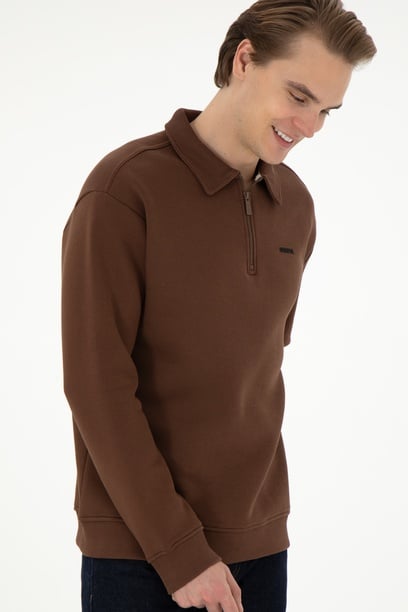 Erkek Comfort Fit Yarım Fermuarlı Kahverengi Basic Sweatshirt