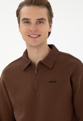 Erkek Comfort Fit Yarım Fermuarlı Kahverengi Basic Sweatshirt - 50298265059