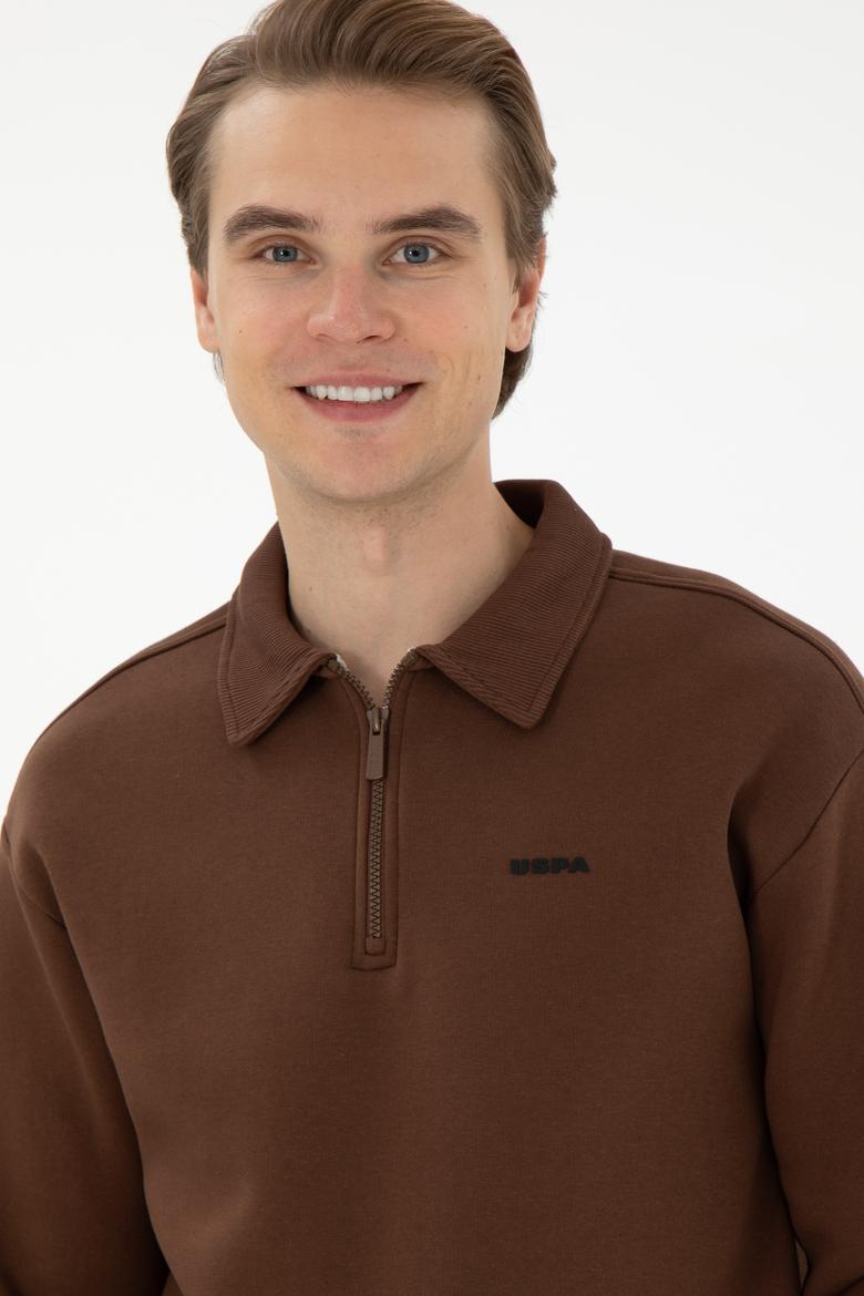 Erkek Comfort Fit Yarım Fermuarlı Kahverengi Basic Sweatshirt - 50298265059