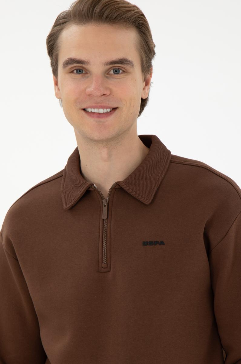 Erkek Comfort Fit Yarım Fermuarlı Kahverengi Basic Sweatshirt