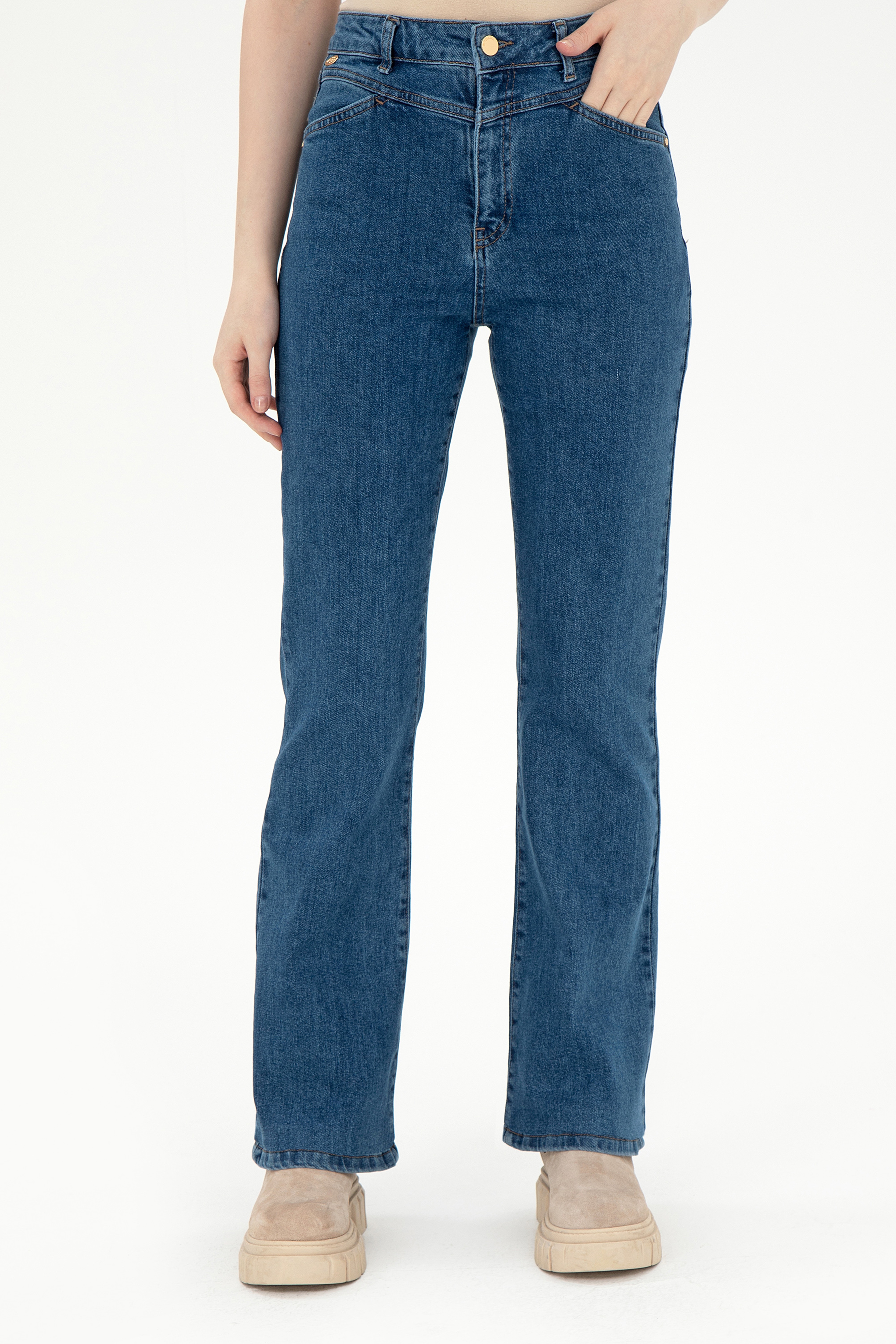 Kadın Mavi Slim Flare Fit Jean Pantolon - Image 2