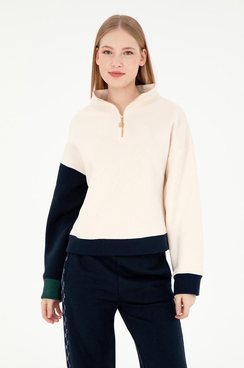 Kadın Krem Fermuarlı Dik Yaka Sweatshirt