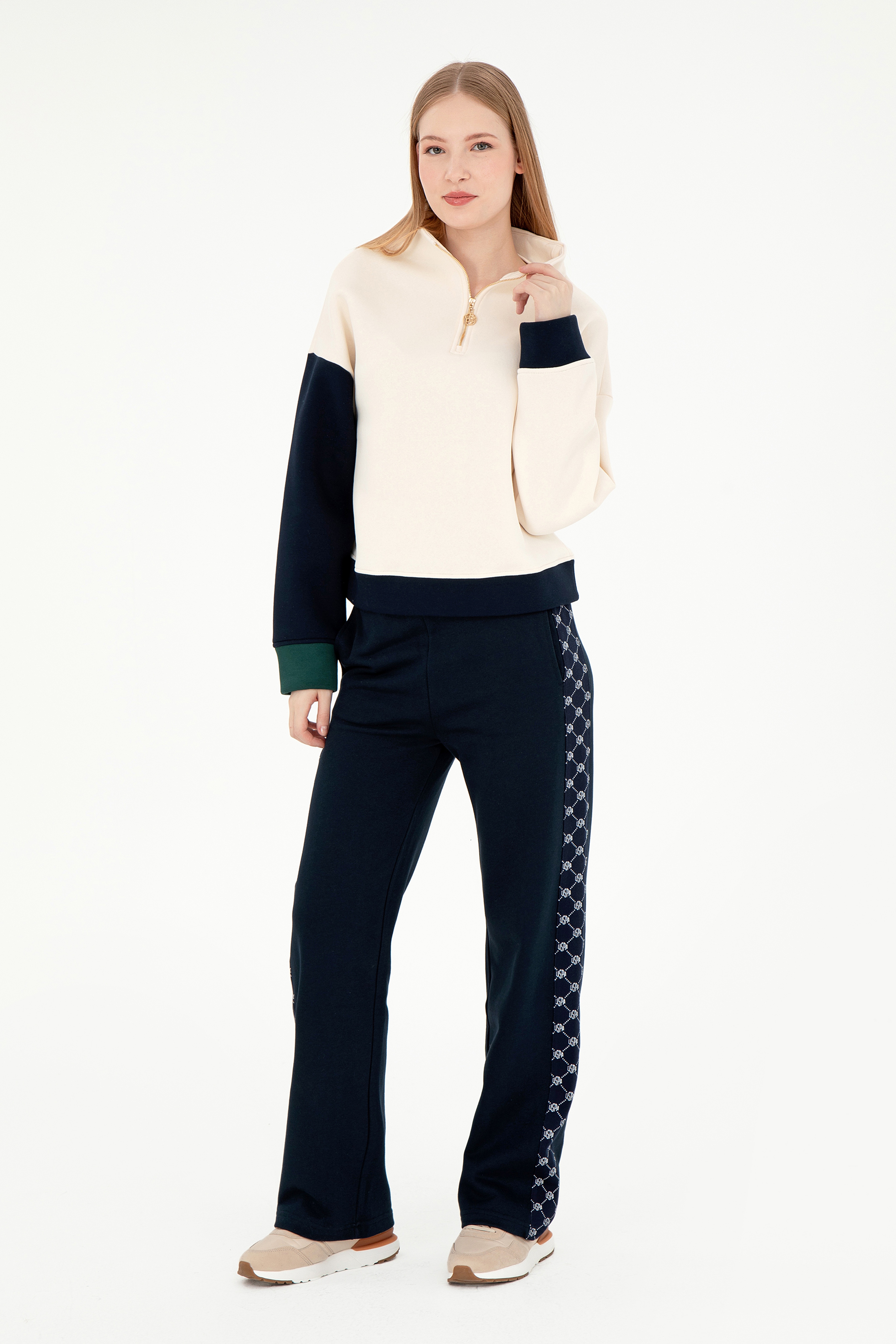 Kadın Krem Fermuarlı Dik Yaka Sweatshirt - Image 4