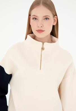 Kadın Krem Fermuarlı Dik Yaka Sweatshirt - 50292448013