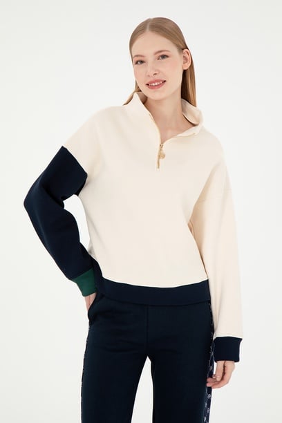 Kadın Krem Fermuarlı Dik Yaka Sweatshirt