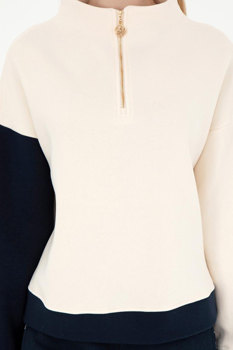 Kadın Krem Fermuarlı Dik Yaka Sweatshirt - 50292448013