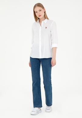 Kadın Beyaz Keten Karışımlı Uzun Kollu Basic Gömlek - 50298098020