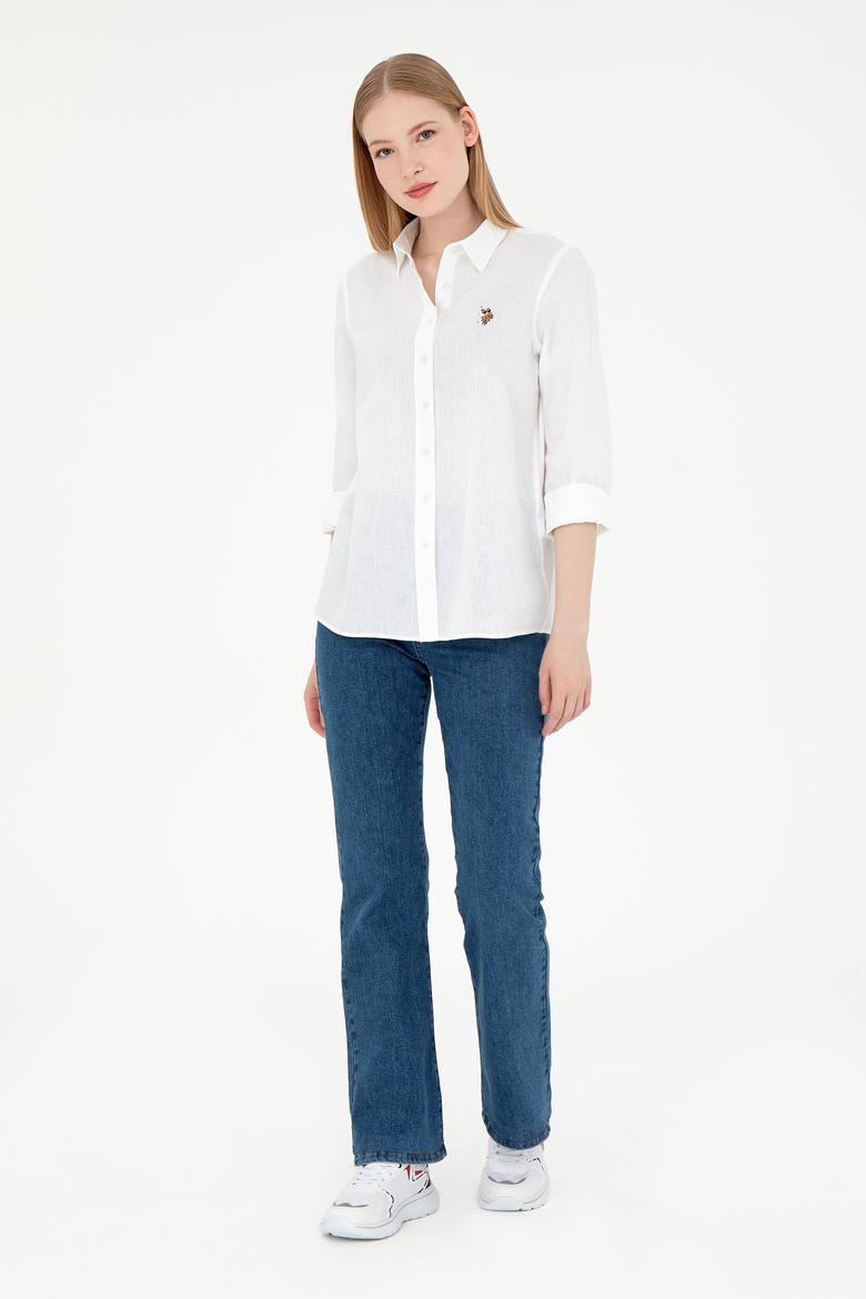 Kadın Beyaz Keten Karışımlı Uzun Kollu Basic Gömlek - 50298098020