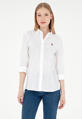 Kadın Beyaz Keten Karışımlı Uzun Kollu Basic Gömlek - 50298098020