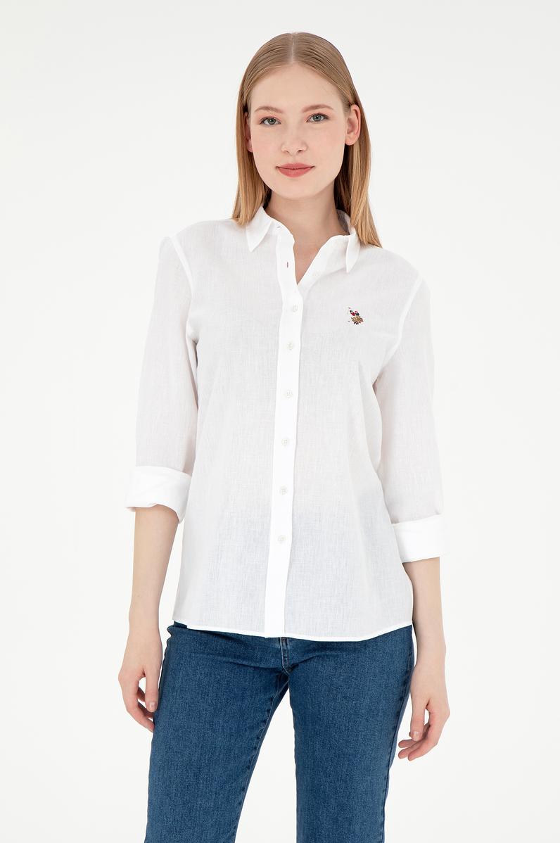 Kadın Beyaz Keten Karışımlı Uzun Kollu Basic Gömlek