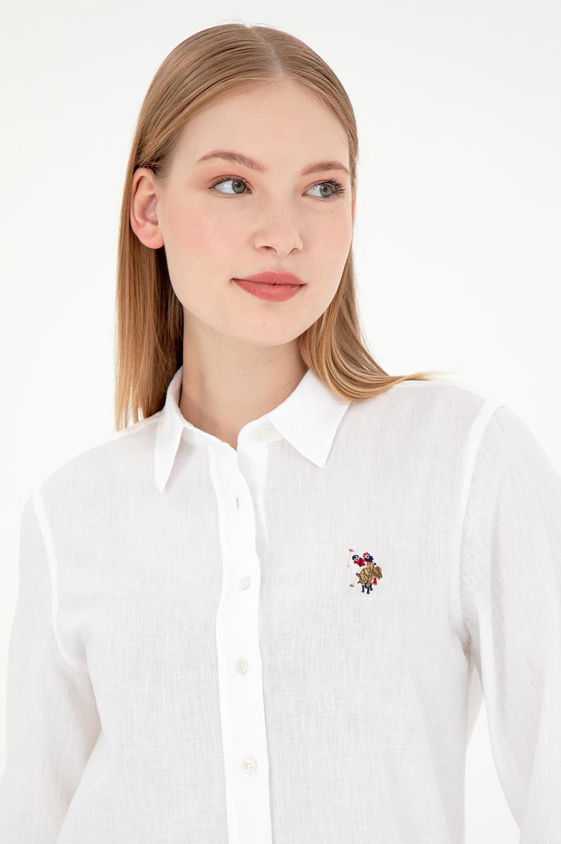 Kadın Beyaz Keten Karışımlı Uzun Kollu Basic Gömlek