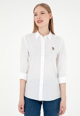 Kadın Beyaz Keten Karışımlı Uzun Kollu Basic Gömlek - 50298098020