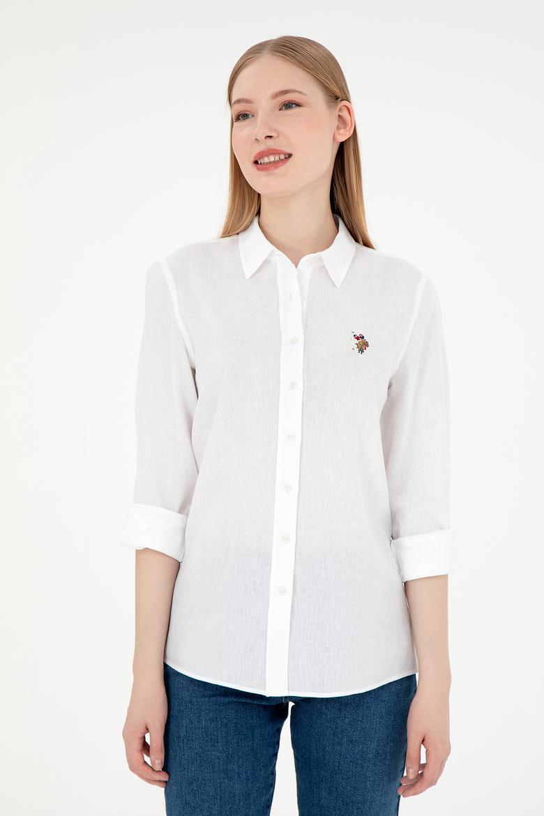 Kadın Beyaz Keten Karışımlı Uzun Kollu Basic Gömlek - 50298098020