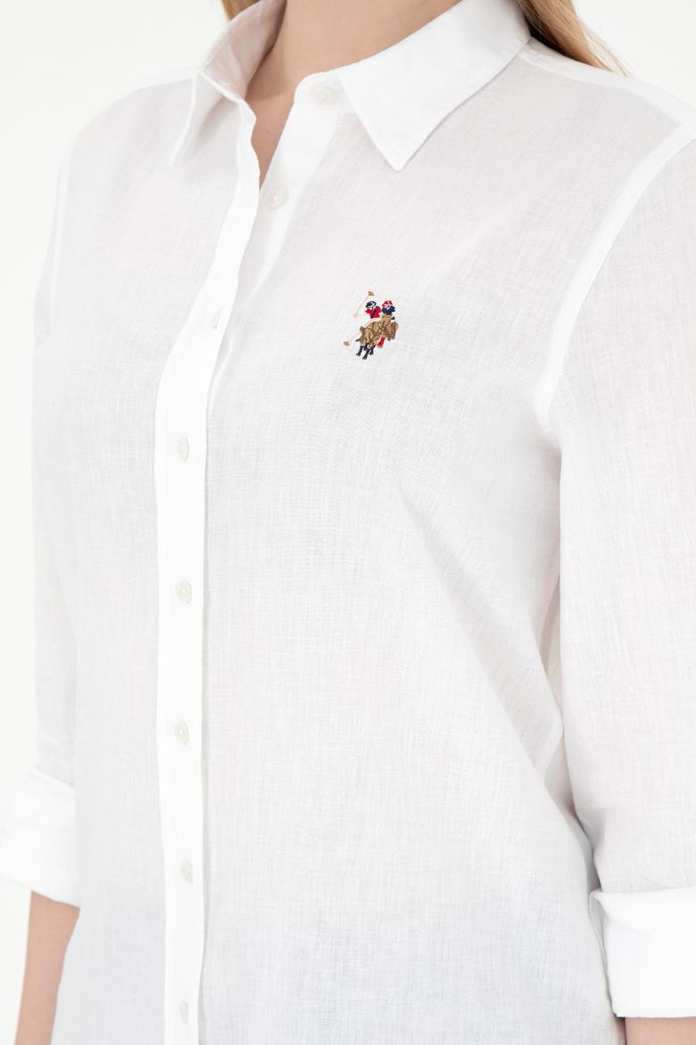 Kadın Beyaz Keten Karışımlı Uzun Kollu Basic Gömlek - 50298098020