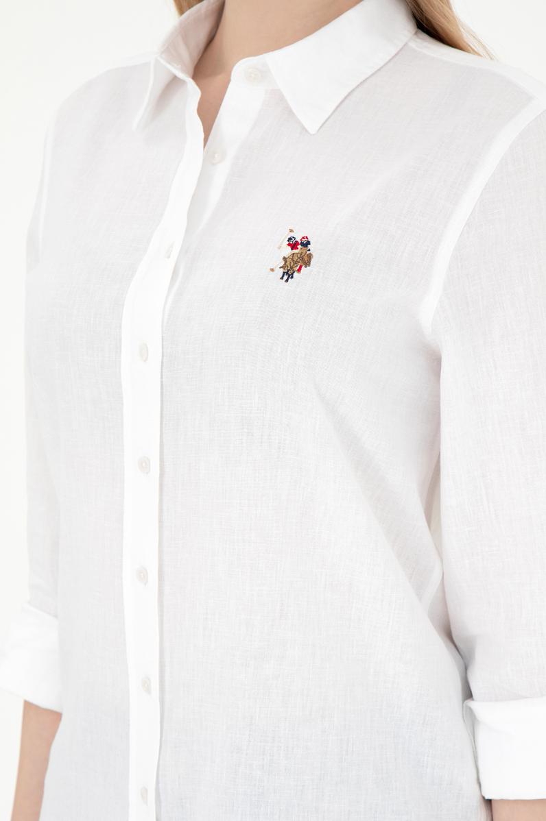 Kadın Beyaz Keten Karışımlı Uzun Kollu Basic Gömlek