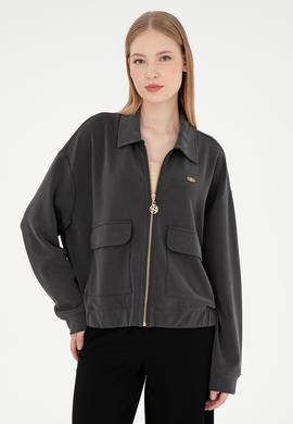 Kadın Antrasit Modal Karışımlı Fermuarlı Polo Yaka Sweatshirt - 50292358004