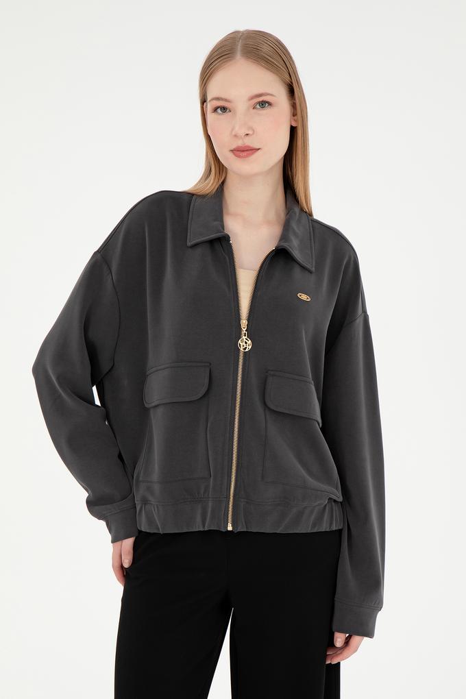 Kadın Antrasit Modal Karışımlı Fermuarlı Polo Yaka Sweatshirt