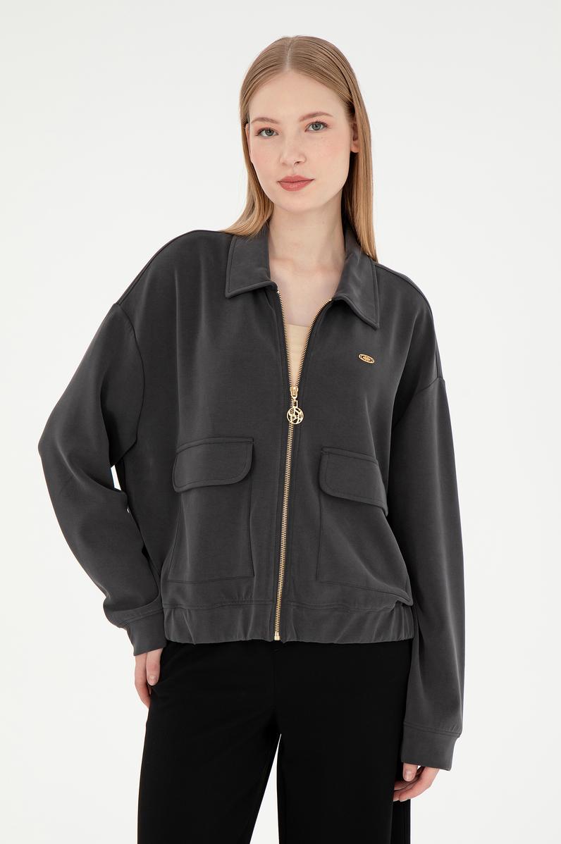 Kadın Antrasit Modal Karışımlı Fermuarlı Polo Yaka Sweatshirt