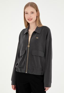 Kadın Antrasit Modal Karışımlı Fermuarlı Polo Yaka Sweatshirt - 50292358004