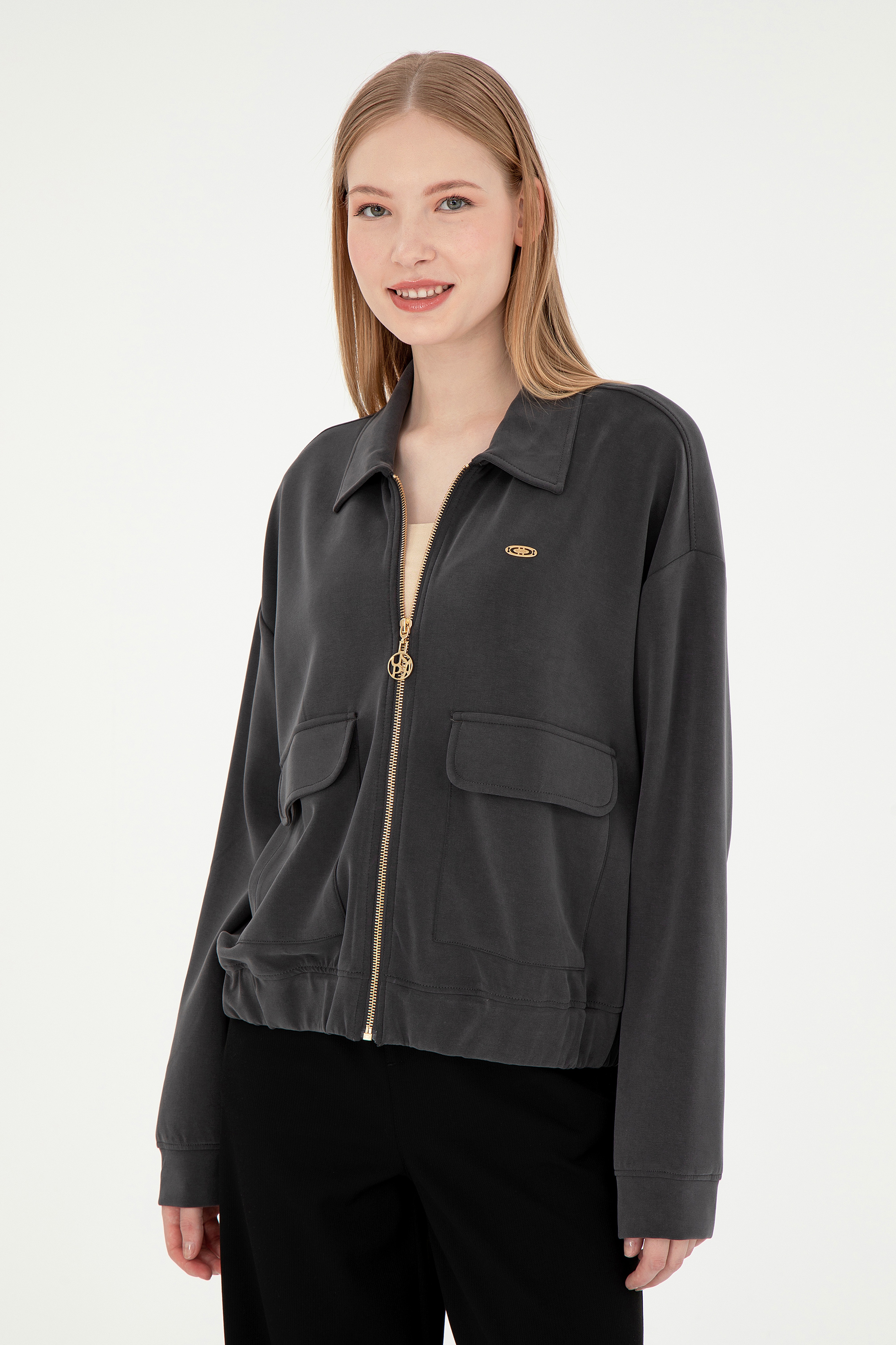 Kadın Antrasit Modal Karışımlı Fermuarlı Polo Yaka Sweatshirt - Image 3