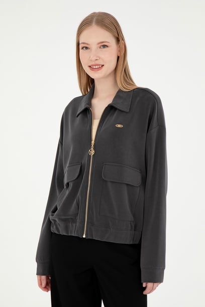 Kadın Antrasit Modal Karışımlı Fermuarlı Polo Yaka Sweatshirt
