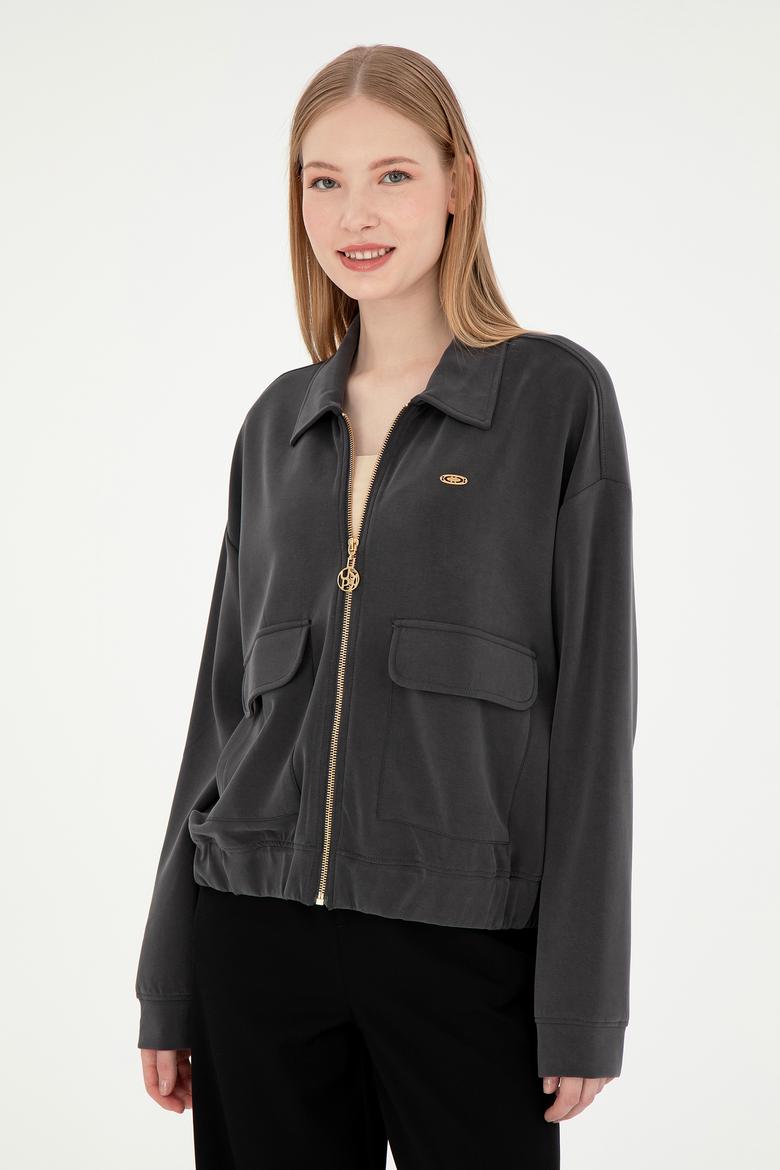 Kadın Antrasit Modal Karışımlı Fermuarlı Polo Yaka Sweatshirt - 50292358004