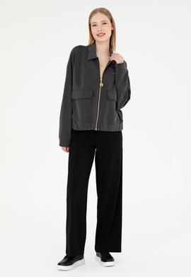 Kadın Antrasit Modal Karışımlı Fermuarlı Polo Yaka Sweatshirt - 50292358004