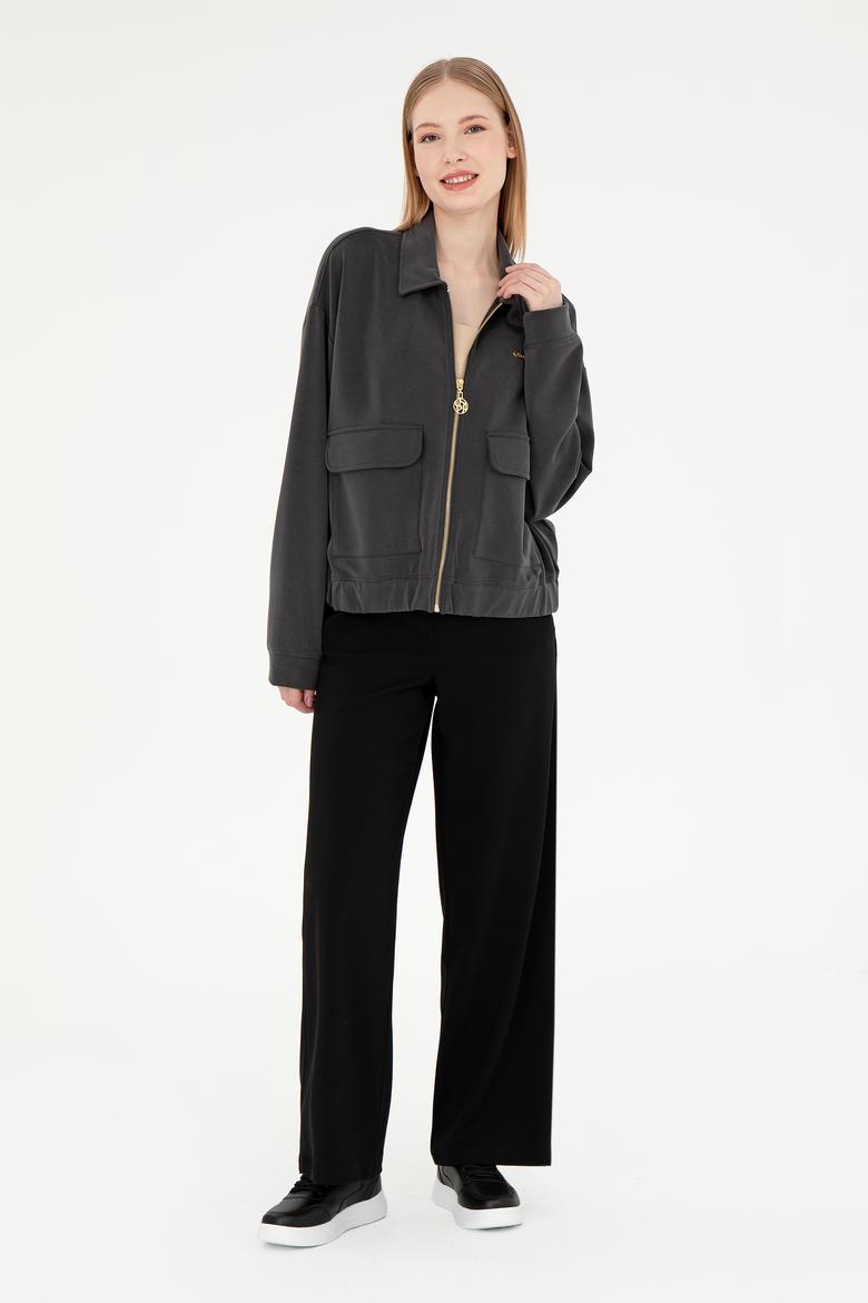 Kadın Antrasit Modal Karışımlı Fermuarlı Polo Yaka Sweatshirt - 50292358004