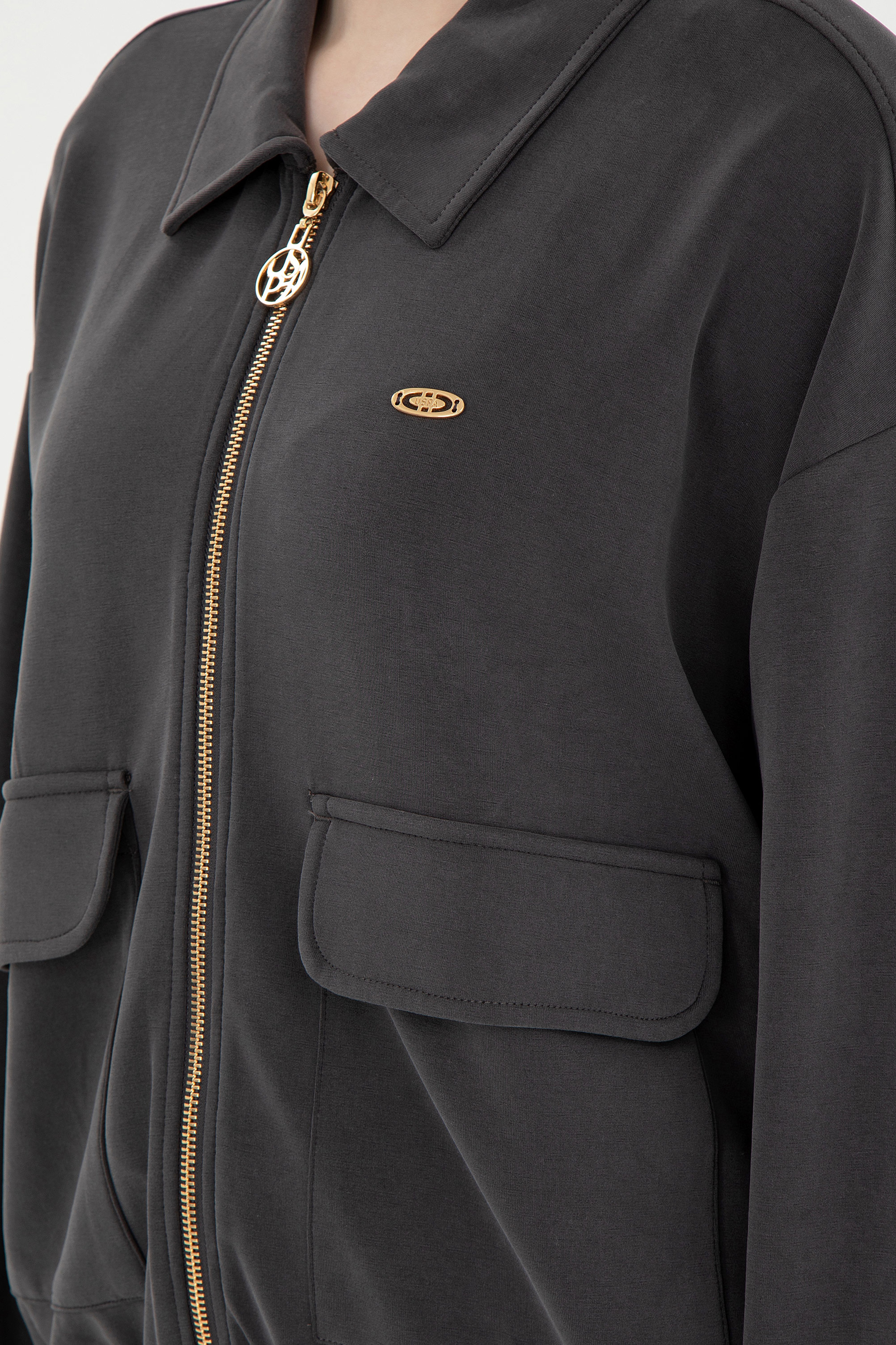 Kadın Antrasit Modal Karışımlı Fermuarlı Polo Yaka Sweatshirt - Image 7