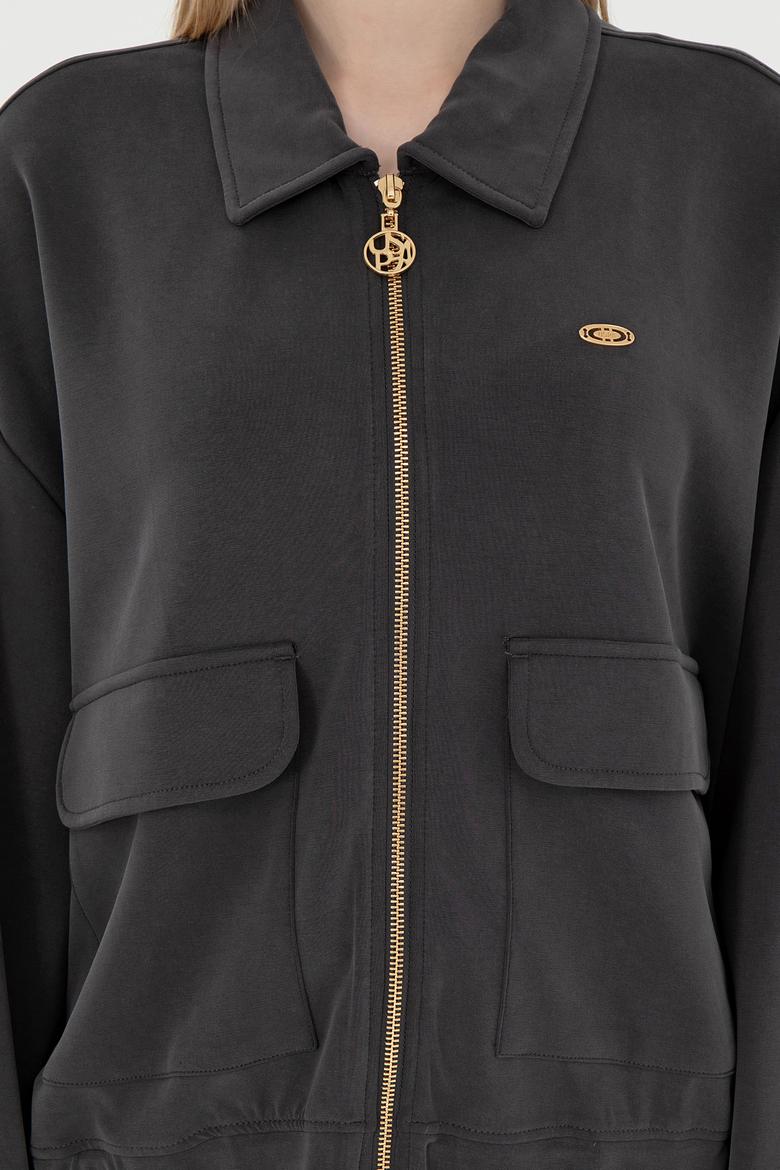 Kadın Antrasit Modal Karışımlı Fermuarlı Polo Yaka Sweatshirt - 50292358004