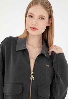 Kadın Antrasit Modal Karışımlı Fermuarlı Polo Yaka Sweatshirt - 50292358004
