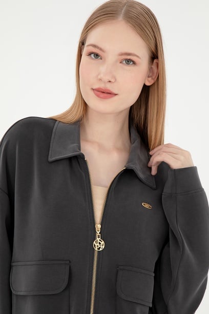 Kadın Antrasit Modal Karışımlı Fermuarlı Polo Yaka Sweatshirt