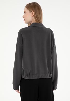 Kadın Antrasit Modal Karışımlı Fermuarlı Polo Yaka Sweatshirt - 50292358004