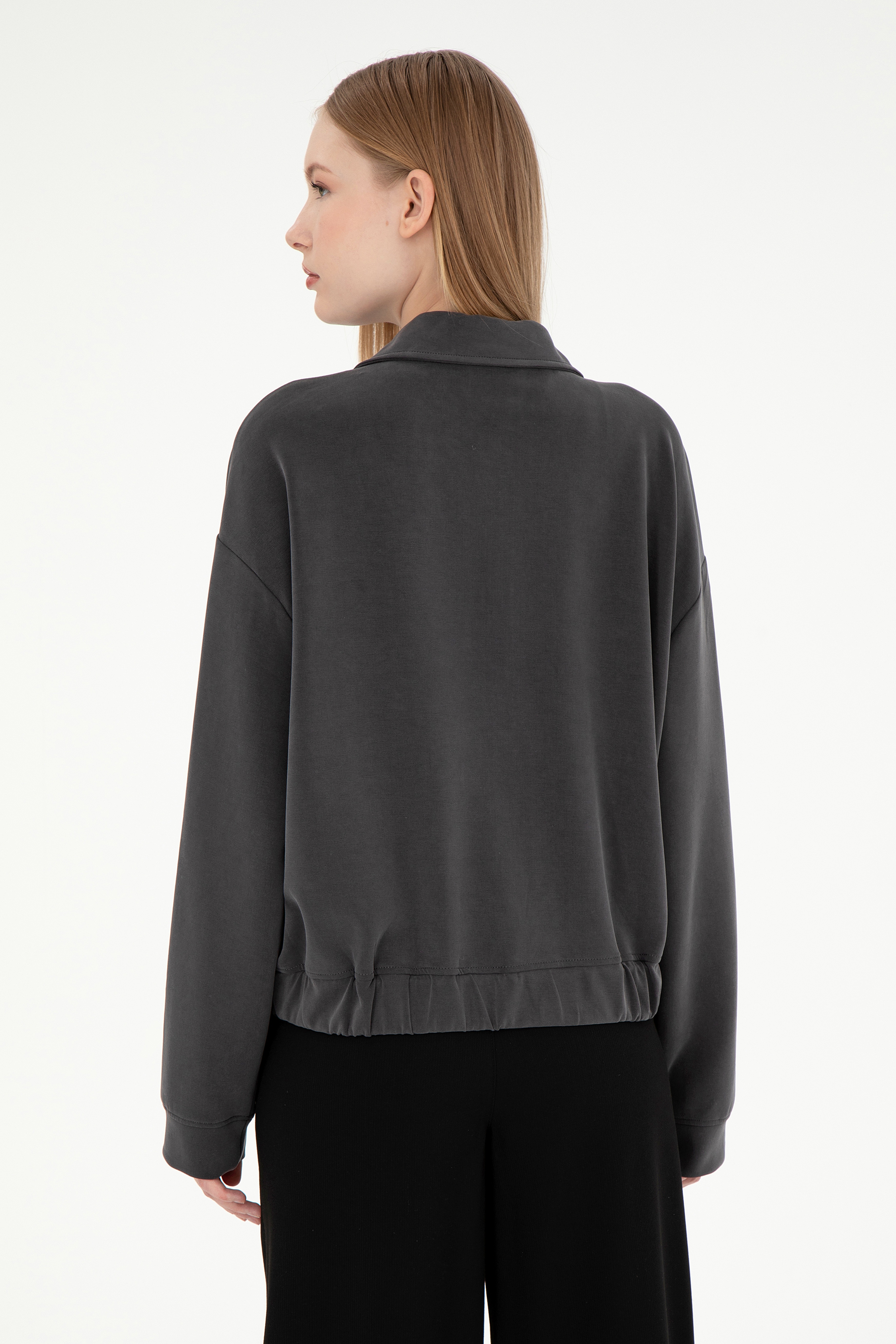 Kadın Antrasit Modal Karışımlı Fermuarlı Polo Yaka Sweatshirt - Image 5