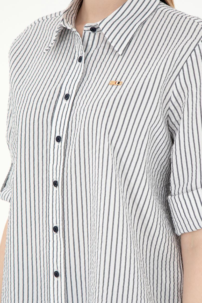 Kadın Lacivert Uzun Kollu Çizgili Gömlek - 50297106003