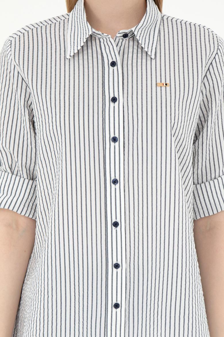 Kadın Lacivert Uzun Kollu Çizgili Gömlek - 50297106003