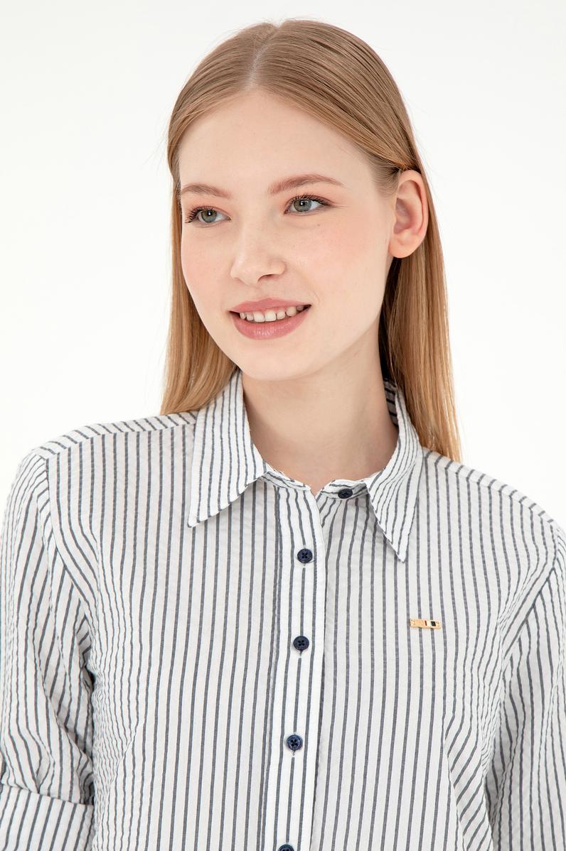 Kadın Lacivert Uzun Kollu Çizgili Gömlek