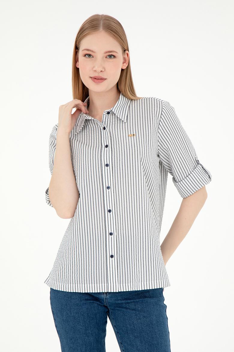 Kadın Lacivert Uzun Kollu Çizgili Gömlek - 50297106003