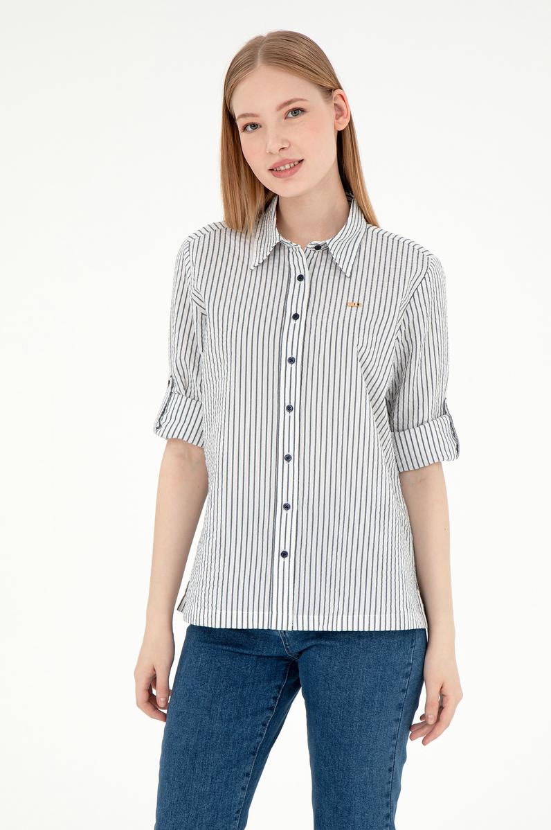 Kadın Lacivert Uzun Kollu Çizgili Gömlek